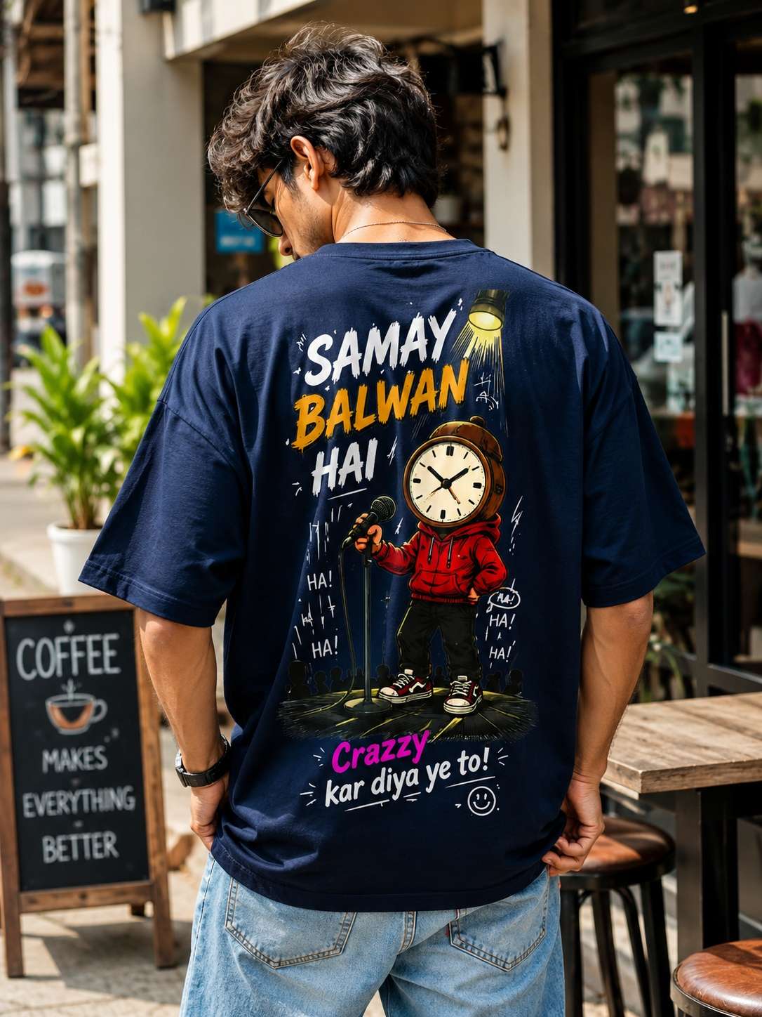 Men Navy Blue Comedy Mic Drop Graphic Printed Oversized T-shirt